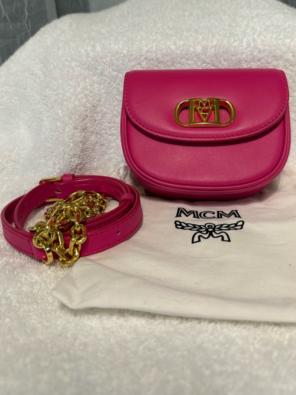 MCM Hot Pink Leather Crossbody/Belt bag with Gold Hardware